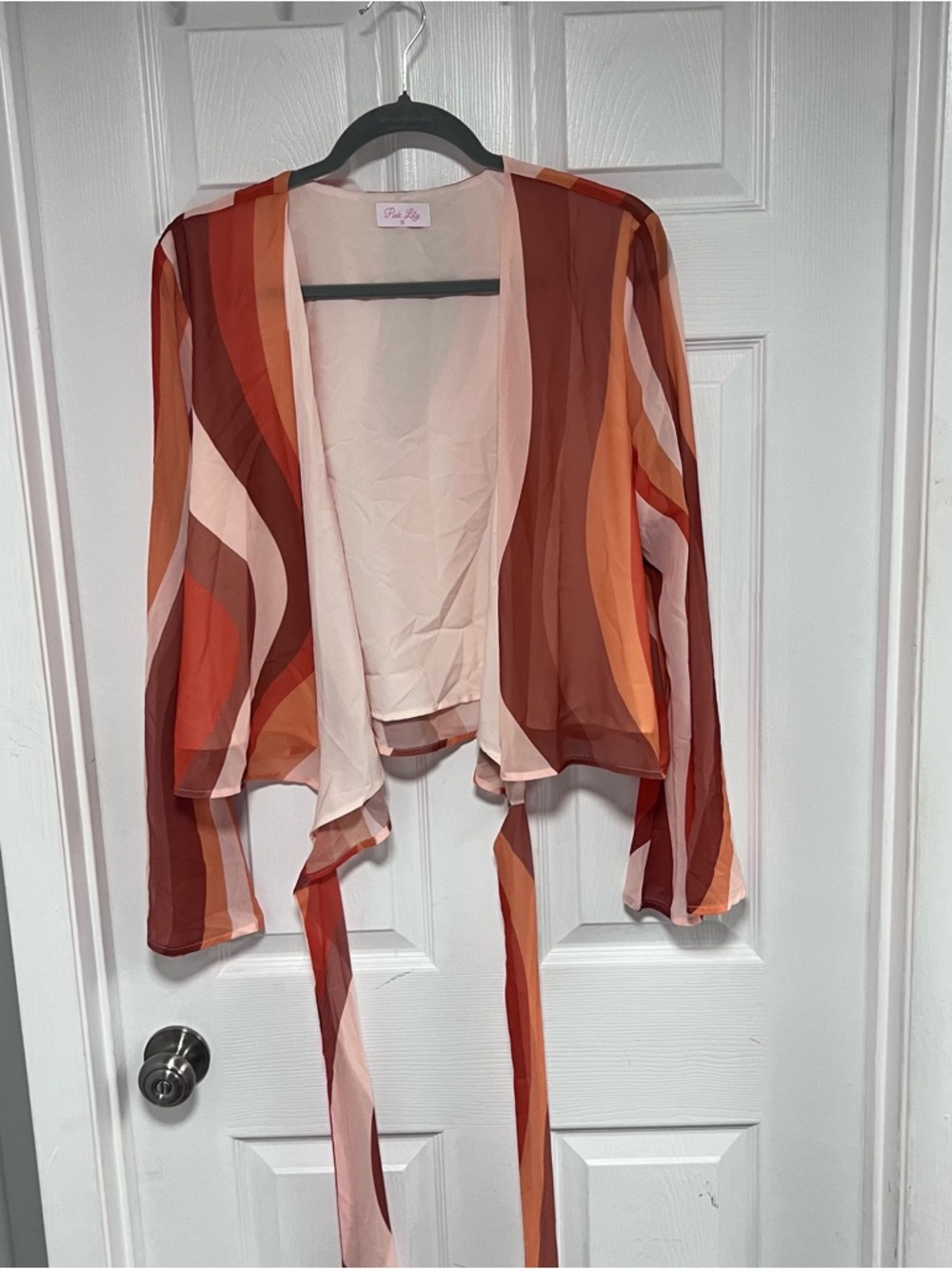 Pink Lily Striped Wrap Blouse in Rust & Peach Size M